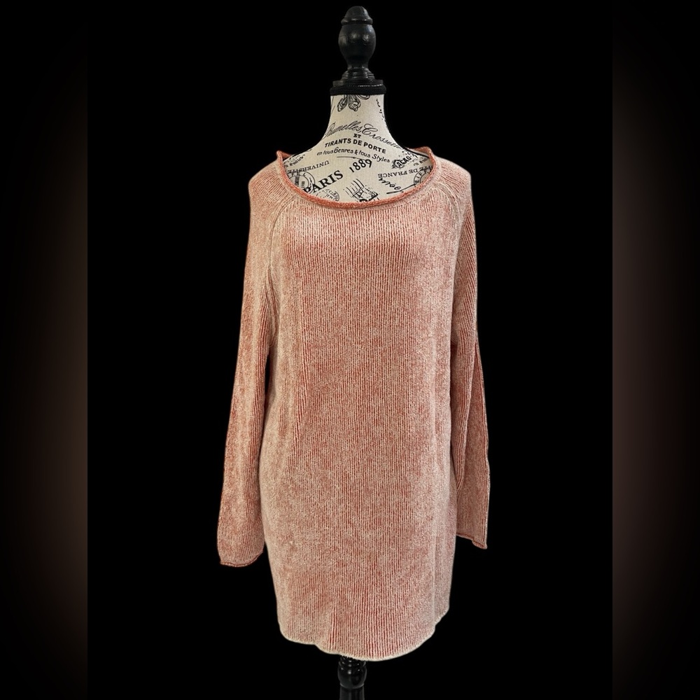 Free People Chenille Sweater XS Pink Orange Textured Knit Tunic Long Sleeve